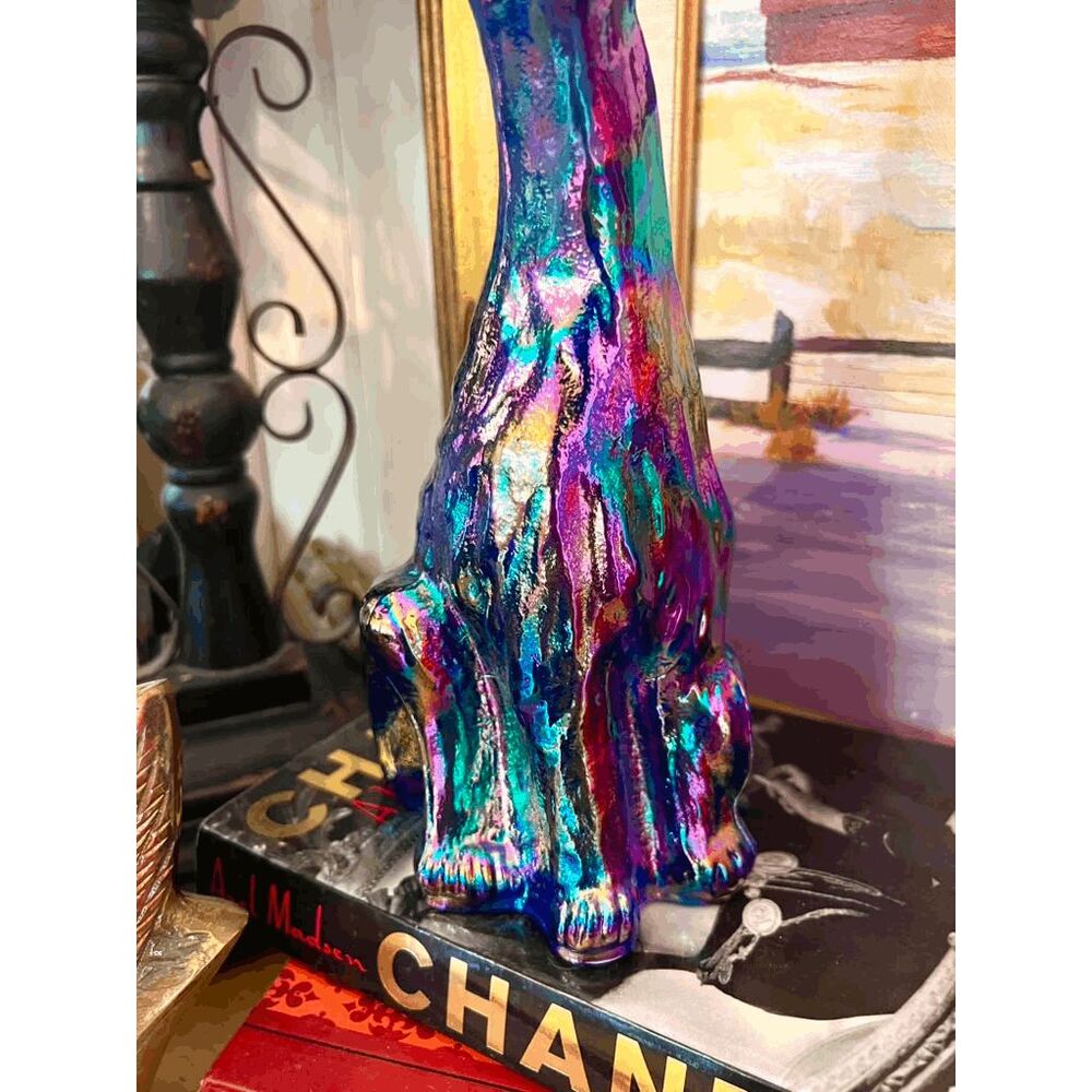 Fenton Iridescent Blue Carnival Glass Winking Alley Cat 11" Vintage Figurine - Picture 5 of 6
